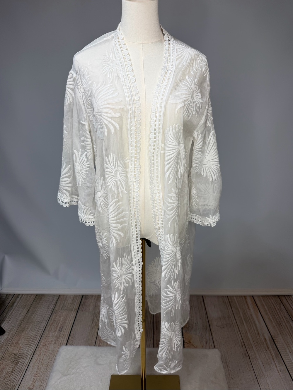 Dani Austin White Sheer Floral Embroidered Wrap